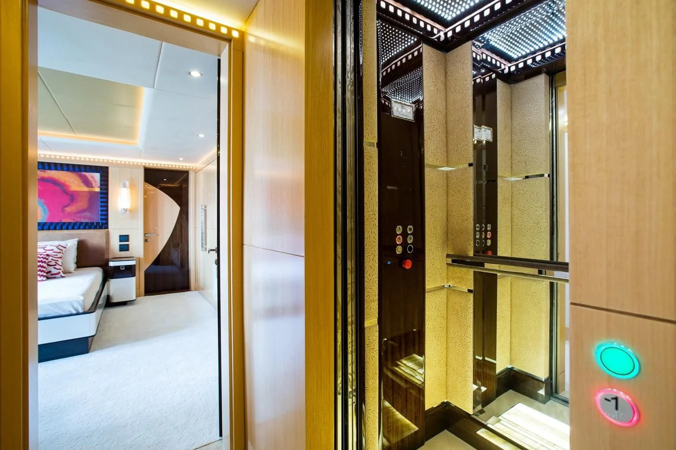 a room with a bed and a door aboard MAJESTY 155 Yacht for Sale