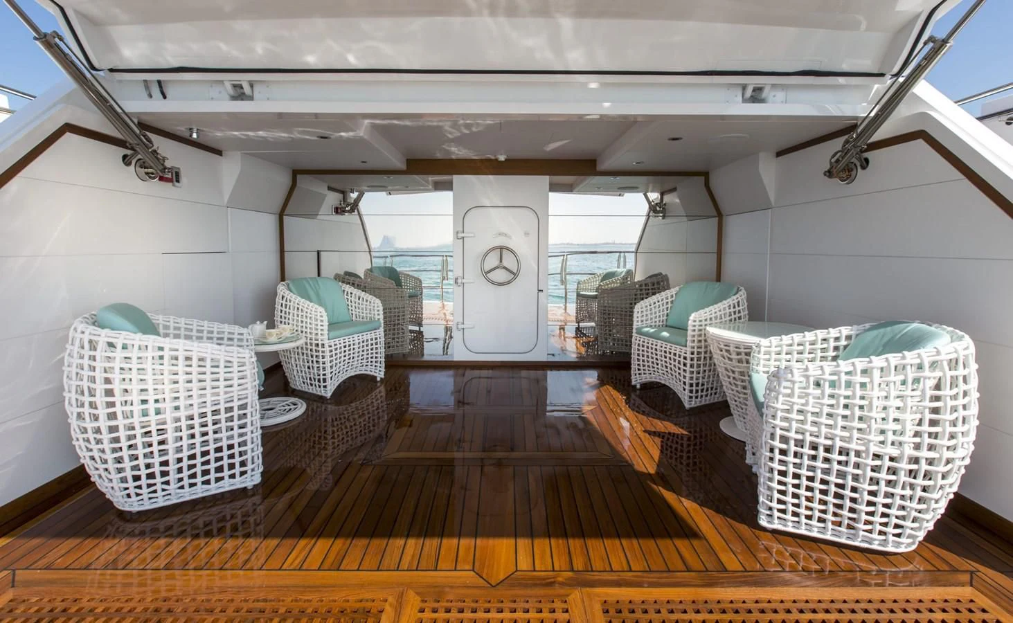 a room with many wicker baskets aboard MAJESTY 155 Yacht for Sale