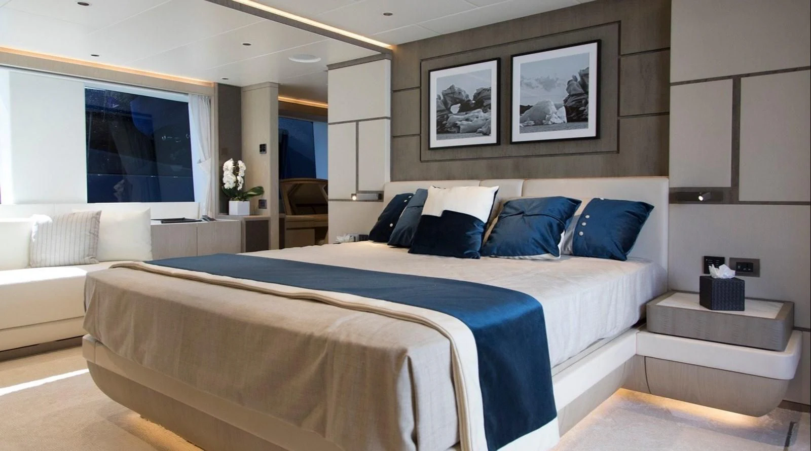 a large bed in a room aboard MAJESTY 155 Yacht for Sale