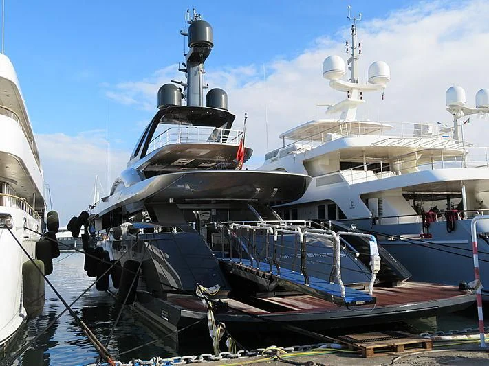 a boat docked at a pier aboard FLYING DAGGER Yacht for Sale