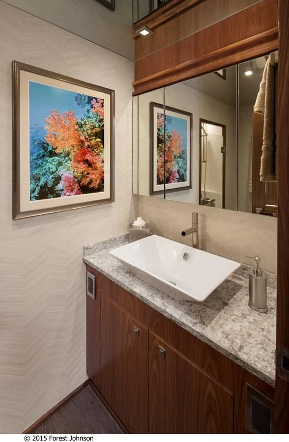 a bathroom with a painting on the wall aboard 80'VIKING 2018 Yacht for Sale