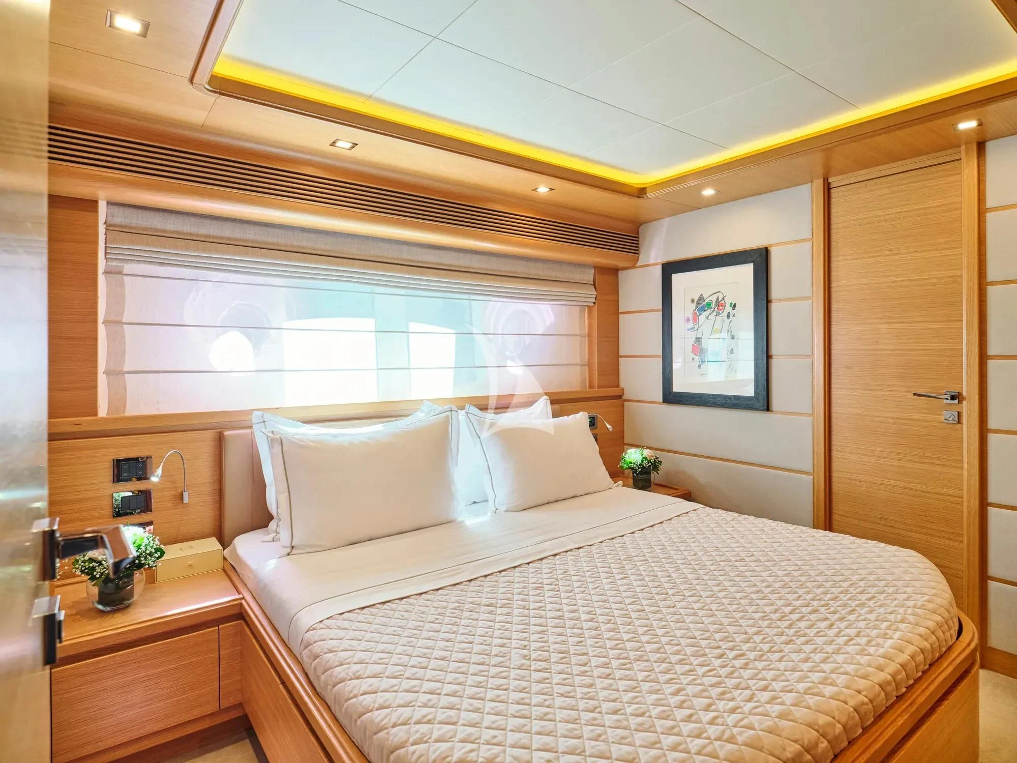 a bed with white sheets aboard WATCH ME Yacht for Charter