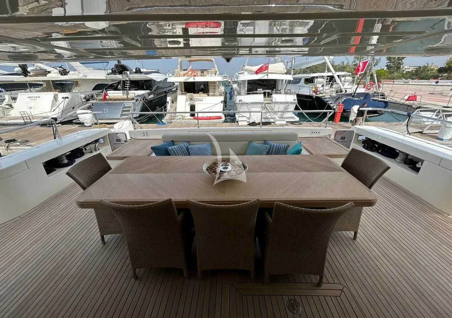 a table with chairs and a couple of boats in the water aboard WATCH ME Yacht for Charter