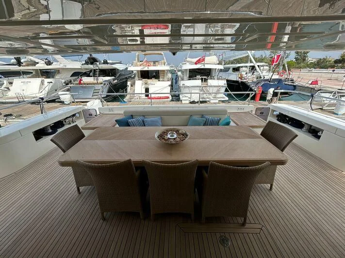 a table with chairs around it aboard WATCH ME Yacht for Charter