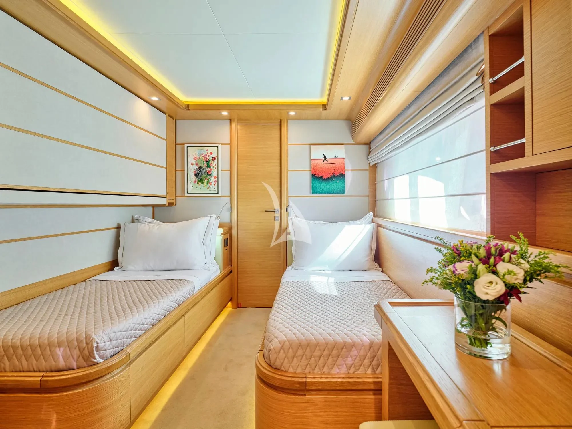 a room with a bed and a table aboard WATCH ME Yacht for Charter