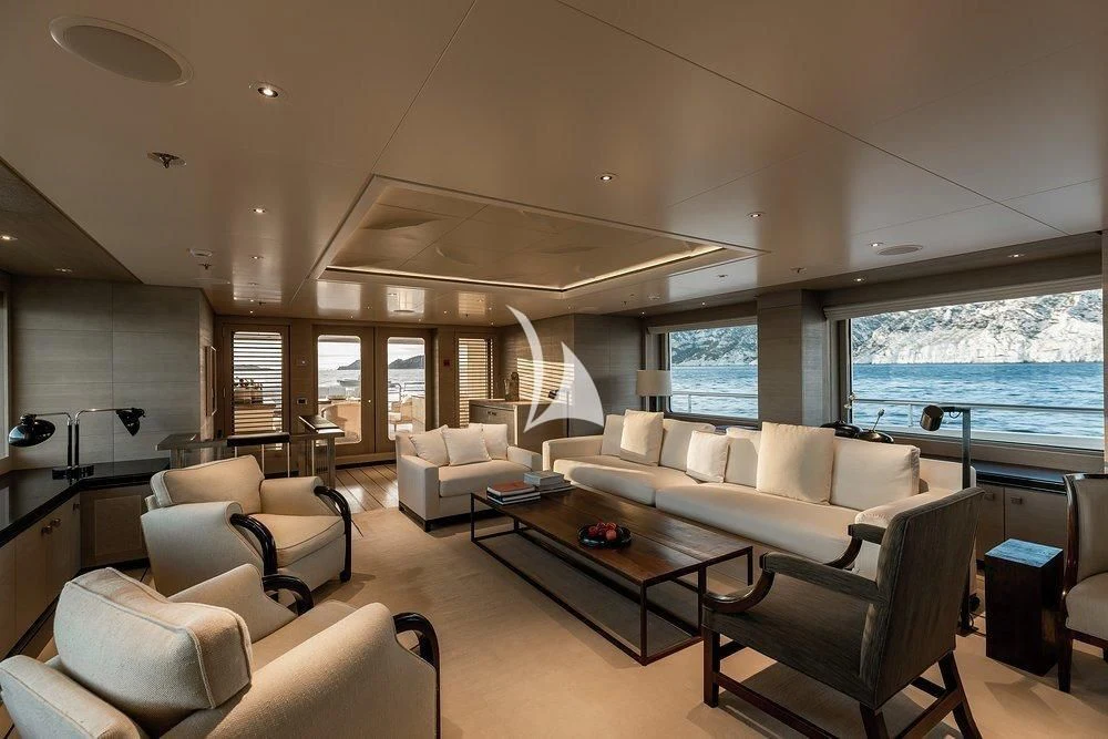 a living room with a large window aboard GRACE (YET) Yacht for Sale