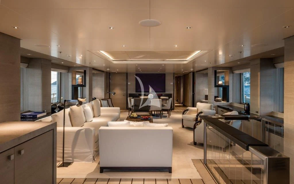 a living room with a large window aboard GRACE (YET) Yacht for Sale