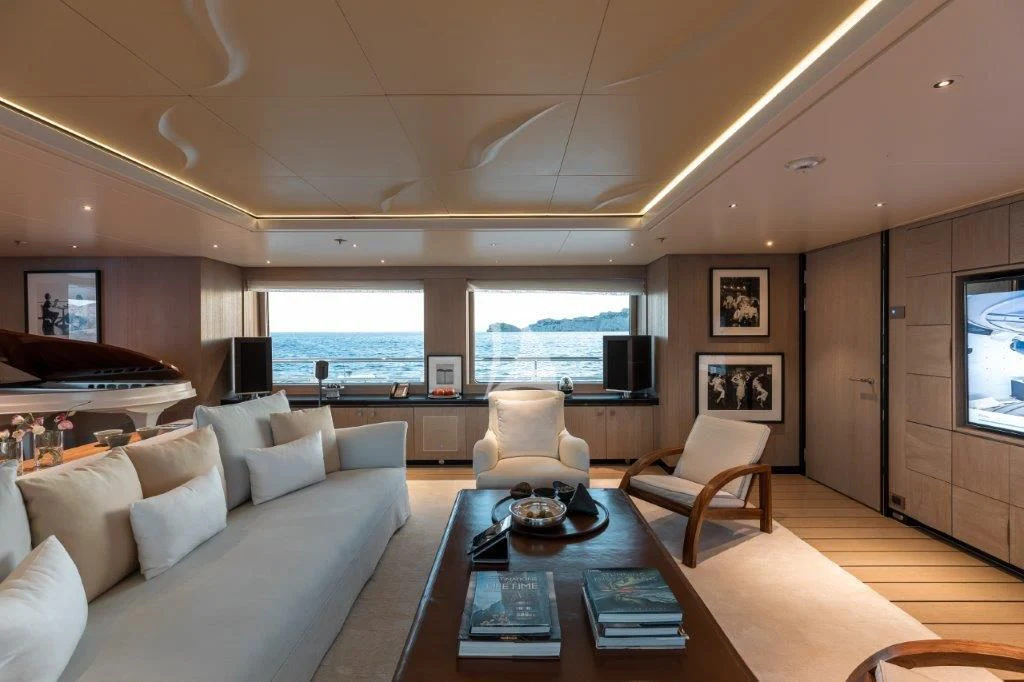 a living room with a large window aboard GRACE (YET) Yacht for Sale