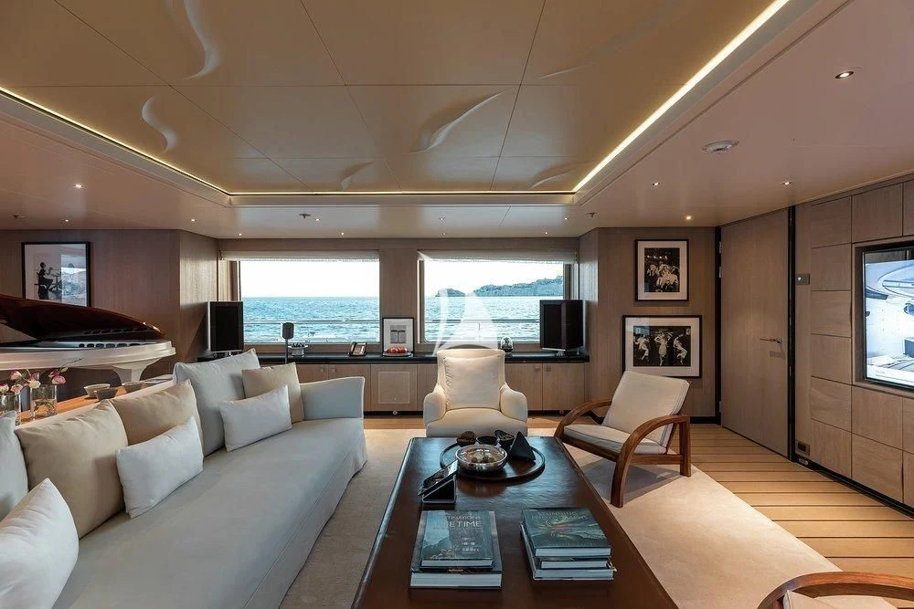 a living room with a large window aboard GRACE (YET) Yacht for Sale