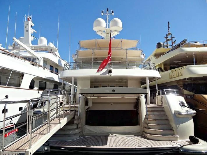 a large white ship with a satellite dish on top aboard GRACE (YET) Yacht for Sale