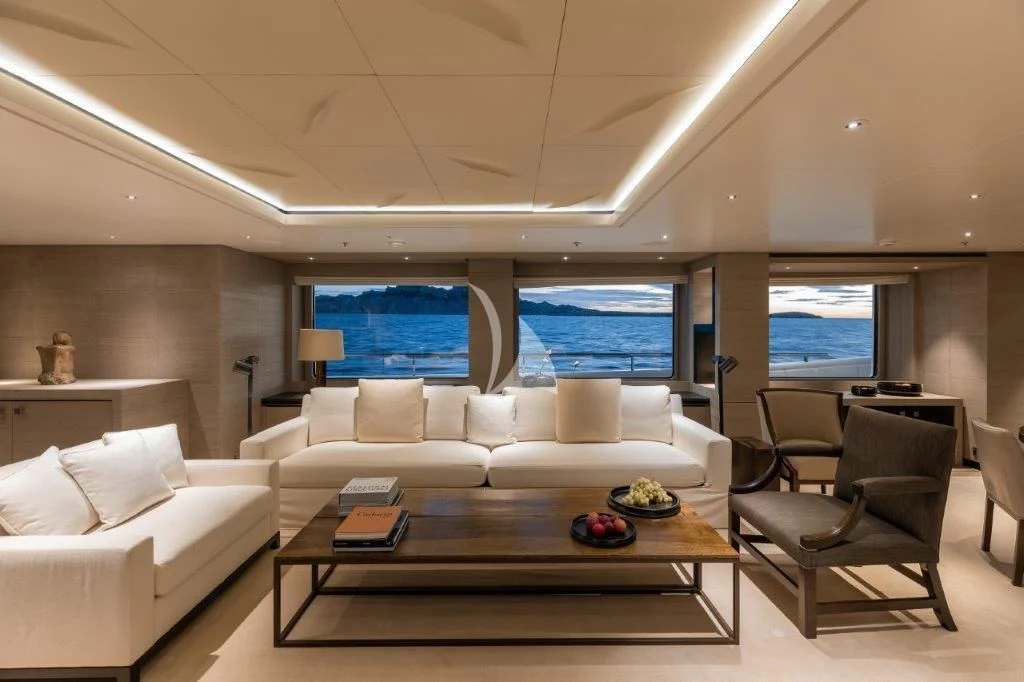 a living room with a large window aboard GRACE (YET) Yacht for Sale