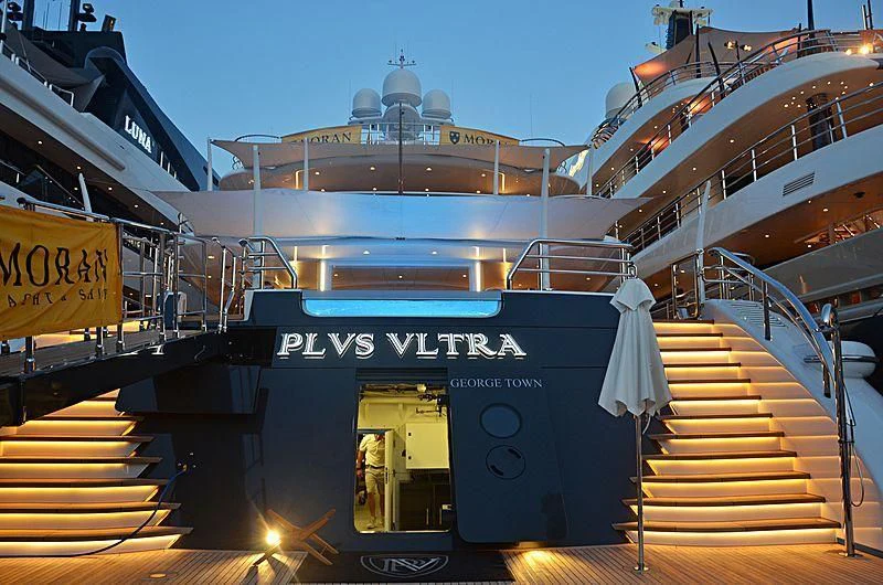 a ship with a staircase and a staircase aboard PLVS VLTRA Yacht for Sale