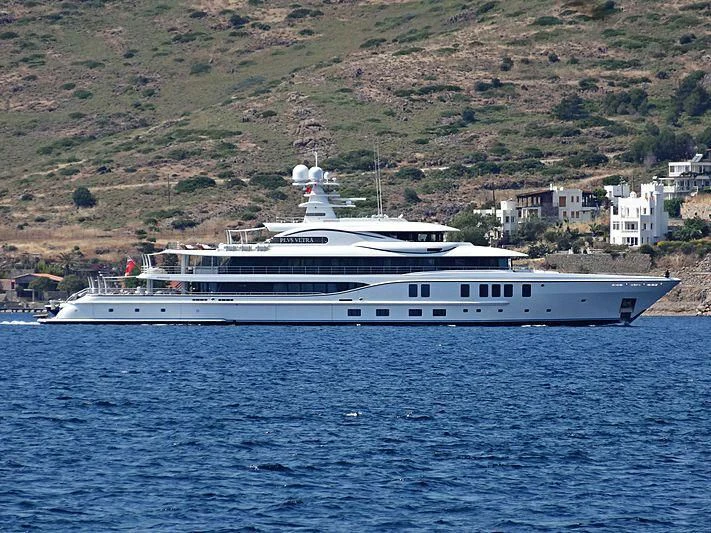 a white yacht on the water aboard PLVS VLTRA Yacht for Sale