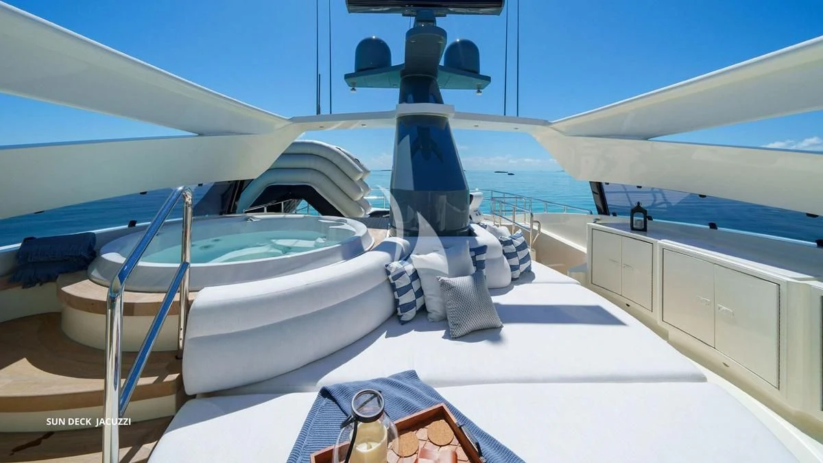a boat with a white canopy aboard BLACK SHEEP Yacht for Sale