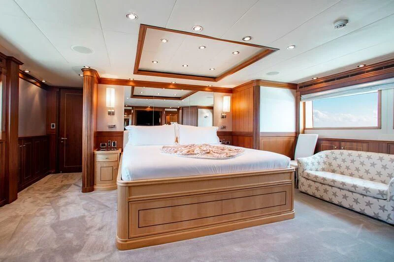 a bedroom with two beds aboard BLACK SHEEP Yacht for Sale