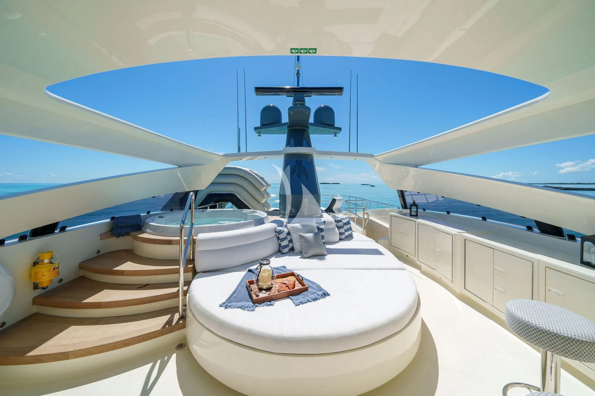 a white bathtub with a blue ceiling and a black faucet aboard BLACK SHEEP Yacht for Sale