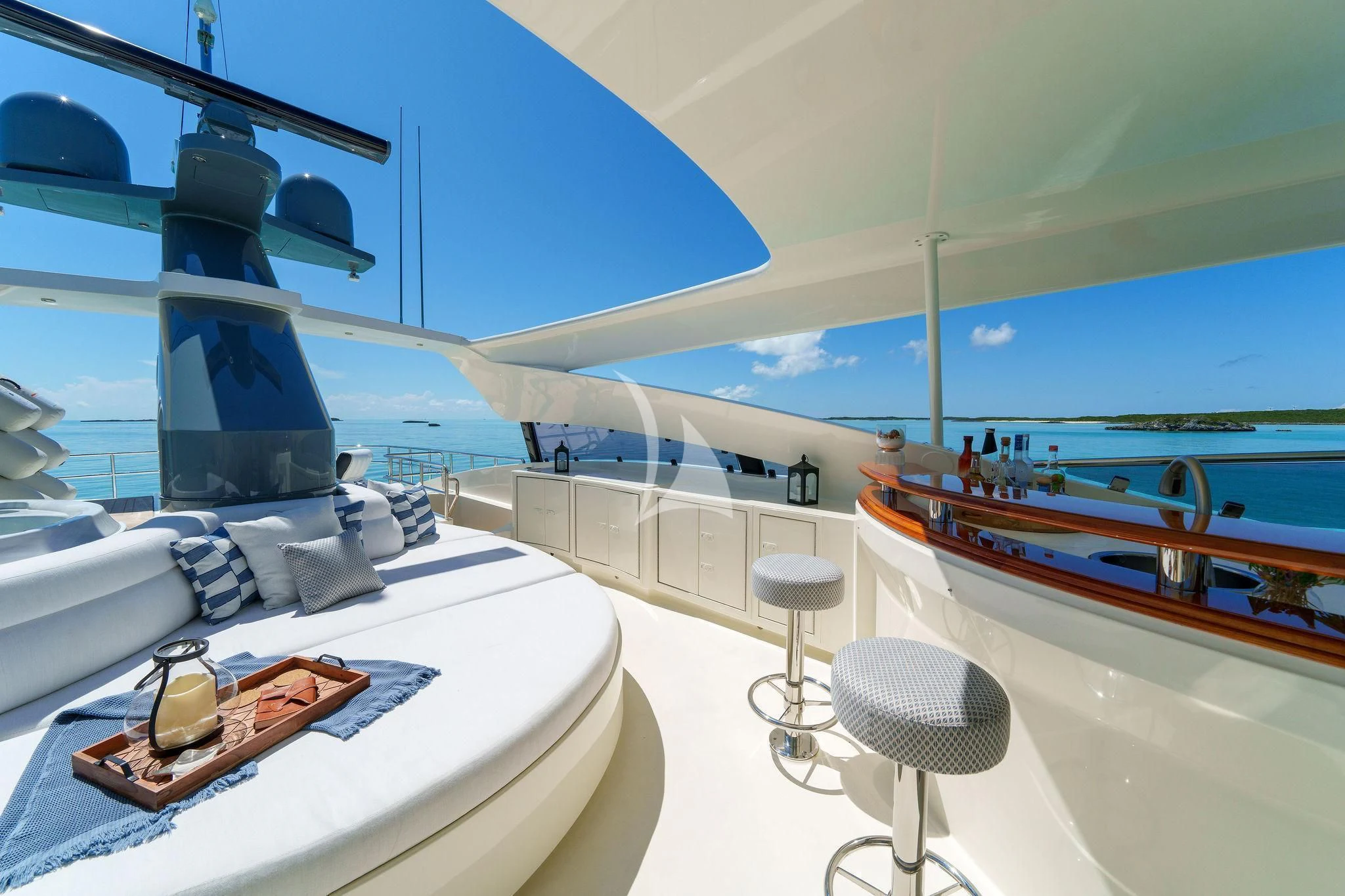 a modern looking room with a large window and a bed aboard BLACK SHEEP Yacht for Sale