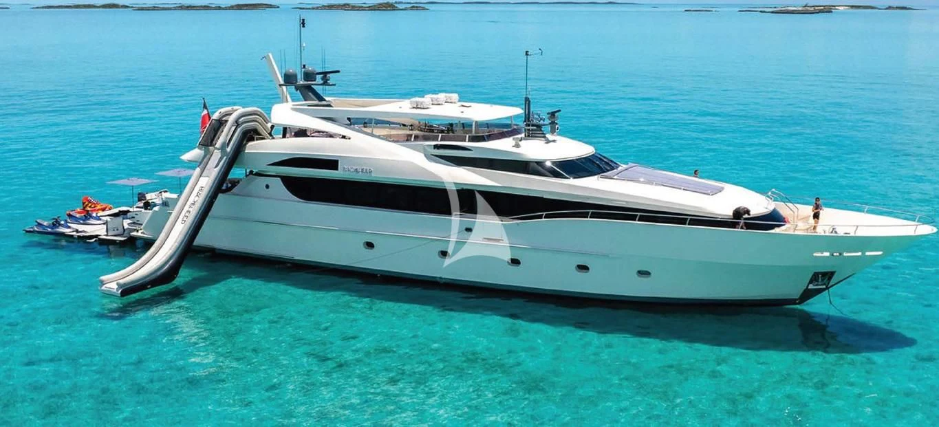 a white yacht on the water aboard BLACK SHEEP Yacht for Sale