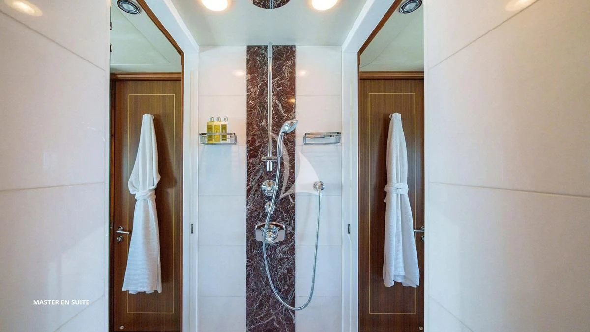 a shower unit and sink in a bathroom aboard BLACK SHEEP Yacht for Sale