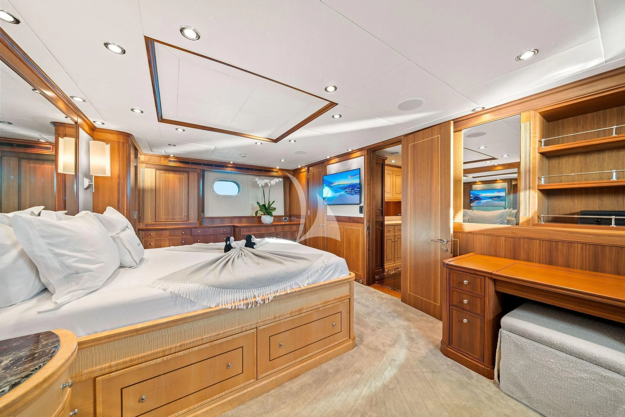 a room with a bed and a desk aboard BLACK SHEEP Yacht for Sale