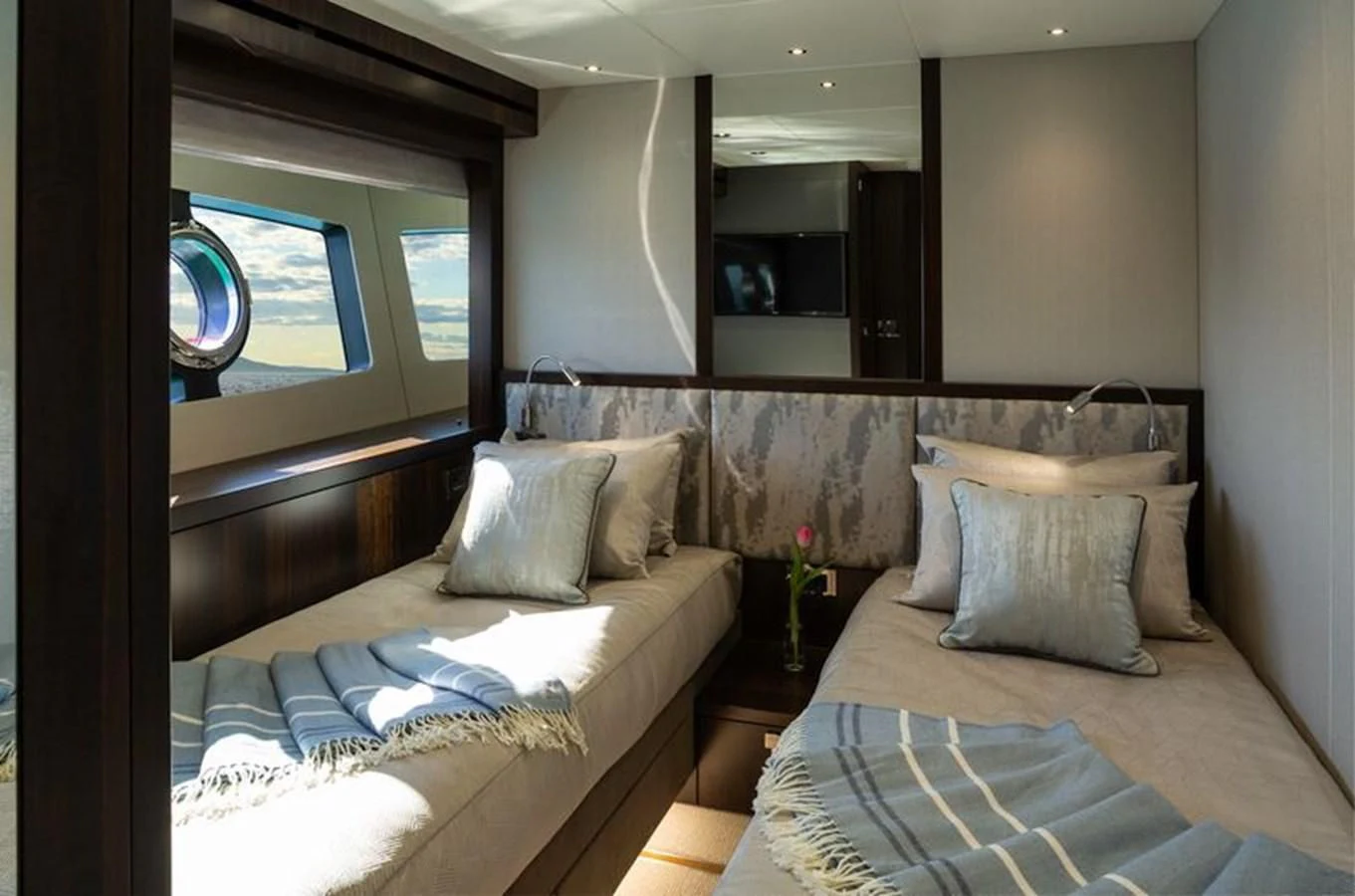 a room with two beds aboard MR K IRISTON Yacht for Sale