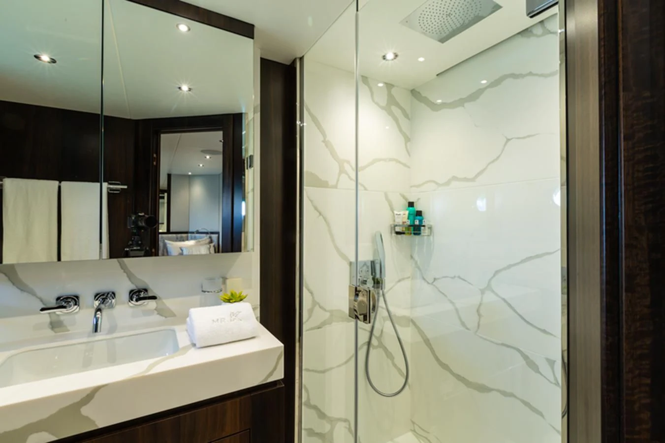 a shower with a glass wall aboard MR K IRISTON Yacht for Sale