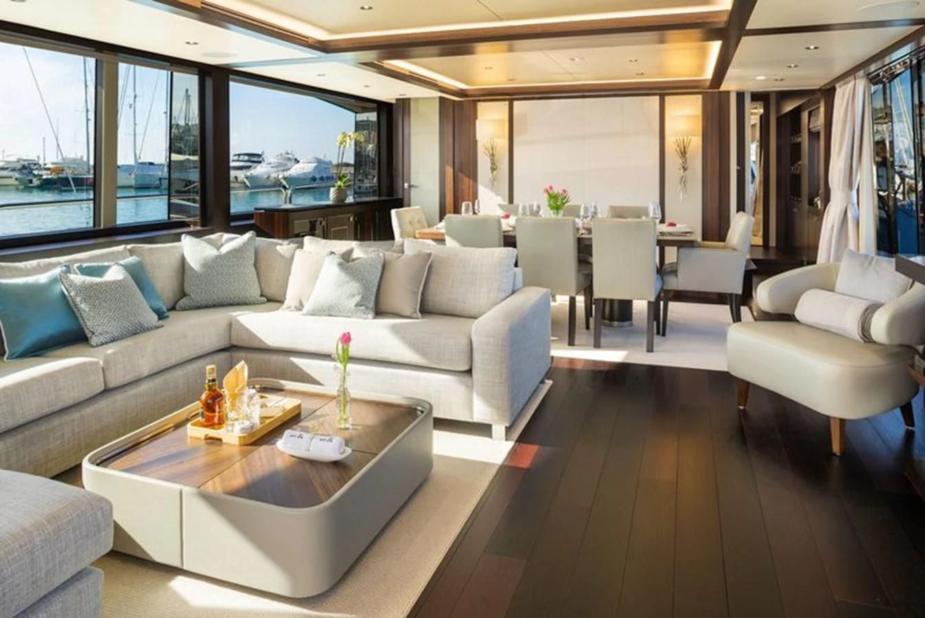 a living room with a couch and a coffee table aboard MR K IRISTON Yacht for Sale