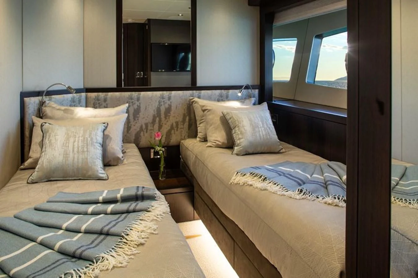 a bed with pillows aboard MR K IRISTON Yacht for Sale