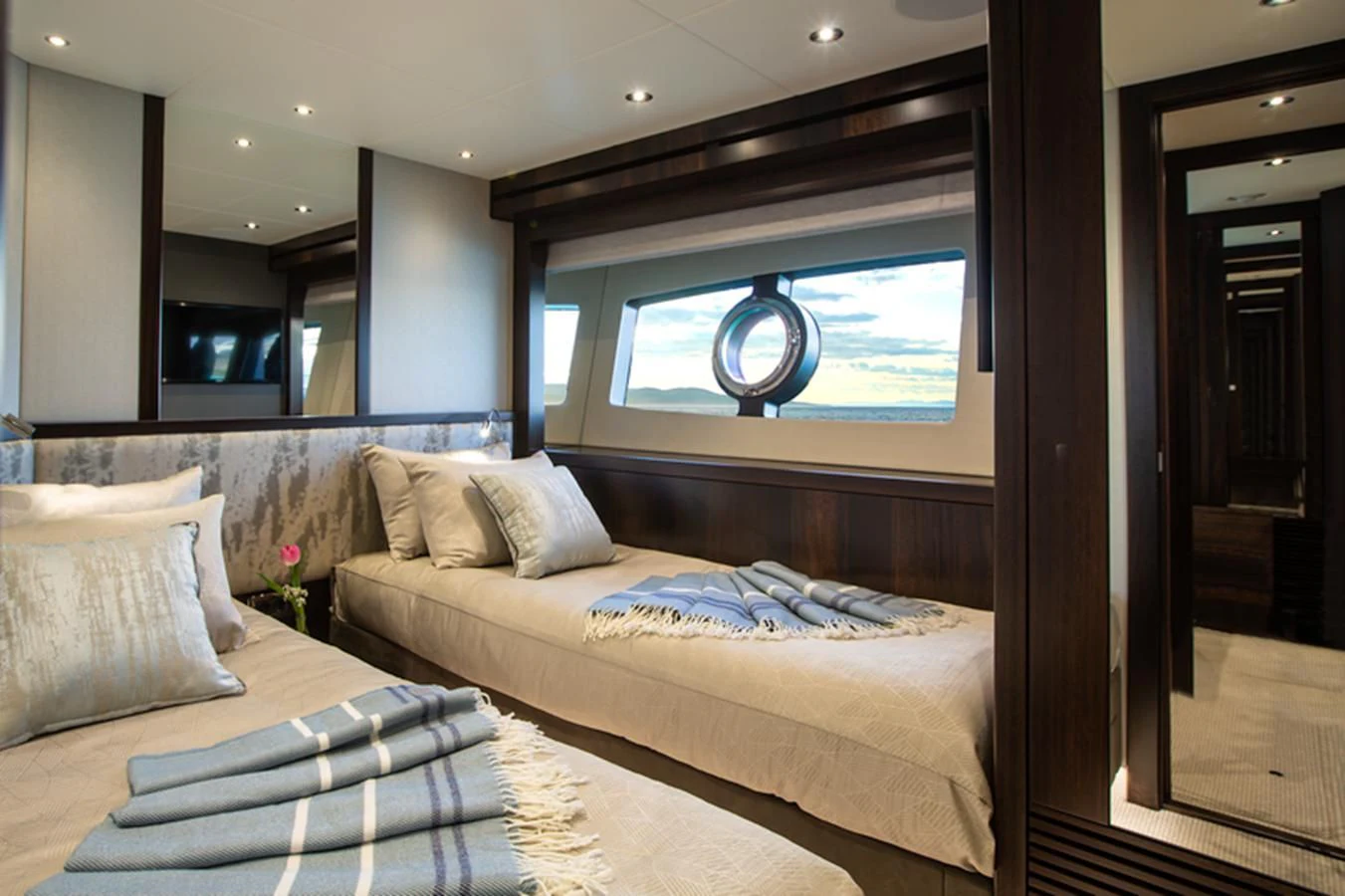 a bed in a room aboard MR K IRISTON Yacht for Sale