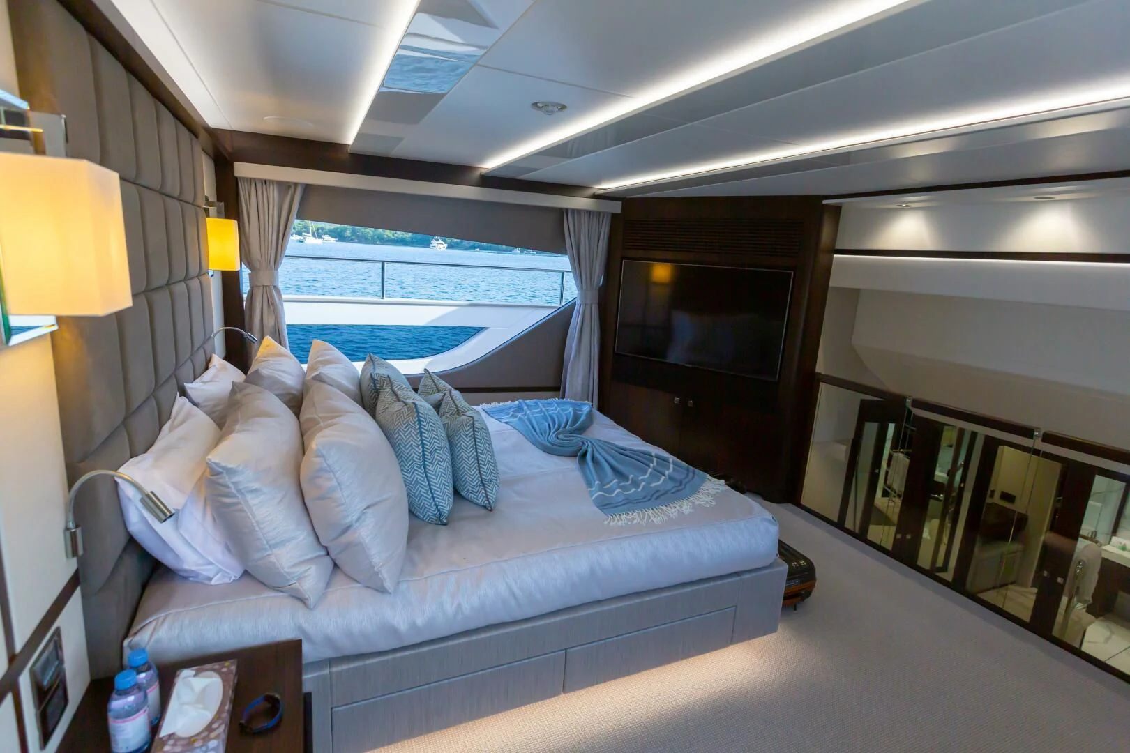a bed with pillows and pillows aboard MR K IRISTON Yacht for Sale