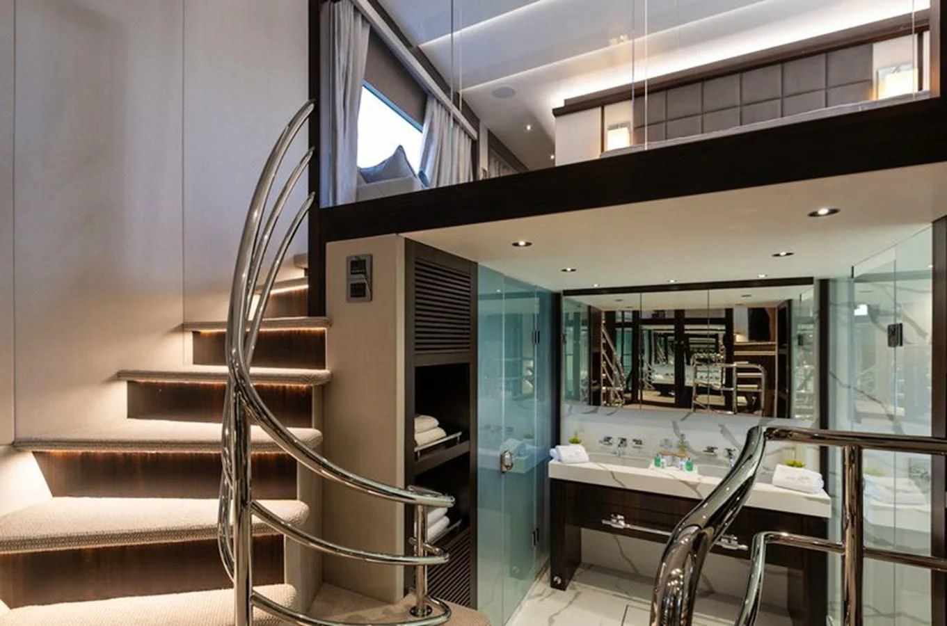 a staircase in a building aboard MR K IRISTON Yacht for Sale