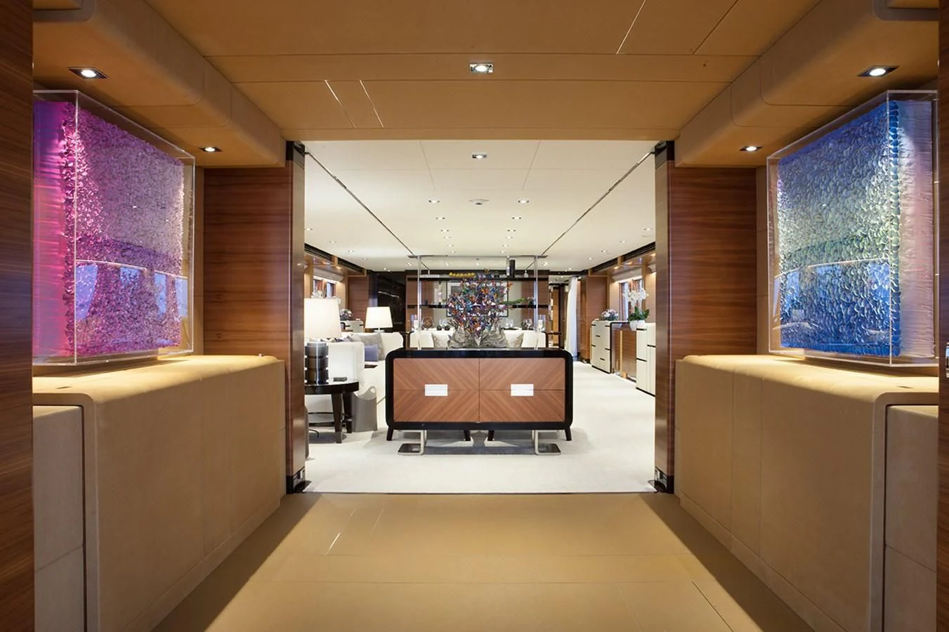 a room with a large window and a desk with a computer on it aboard DAISY D Yacht for Sale