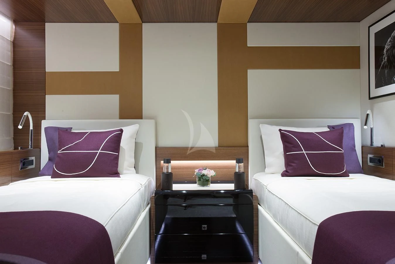 a room with two beds aboard DAISY D Yacht for Sale