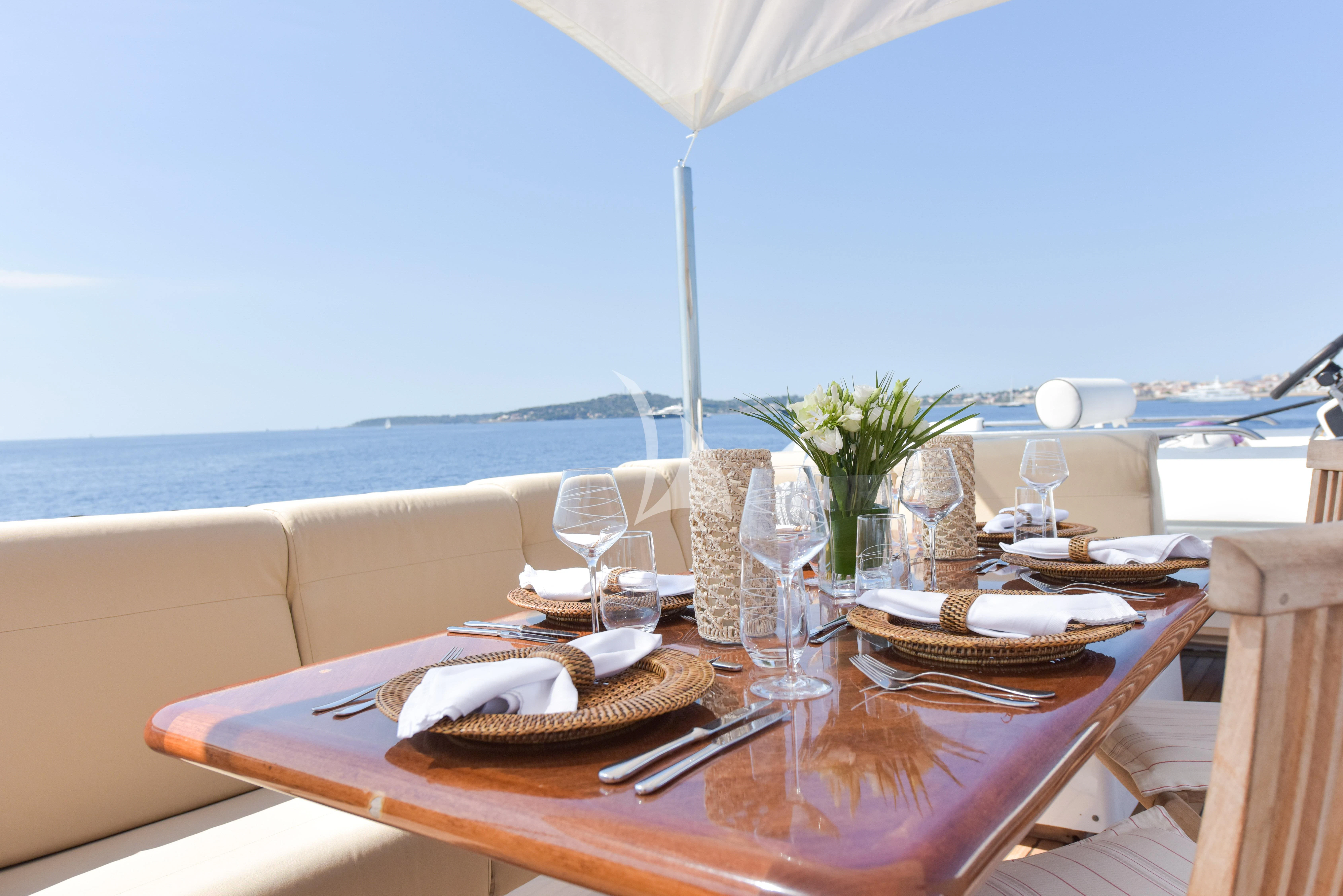 a table with plates and glasses on it aboard ATLANTIC ENDEAVOUR Yacht for Charter