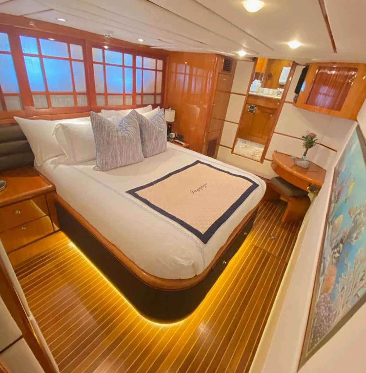 a bed in a room aboard SLIPAWAY Yacht for Sale