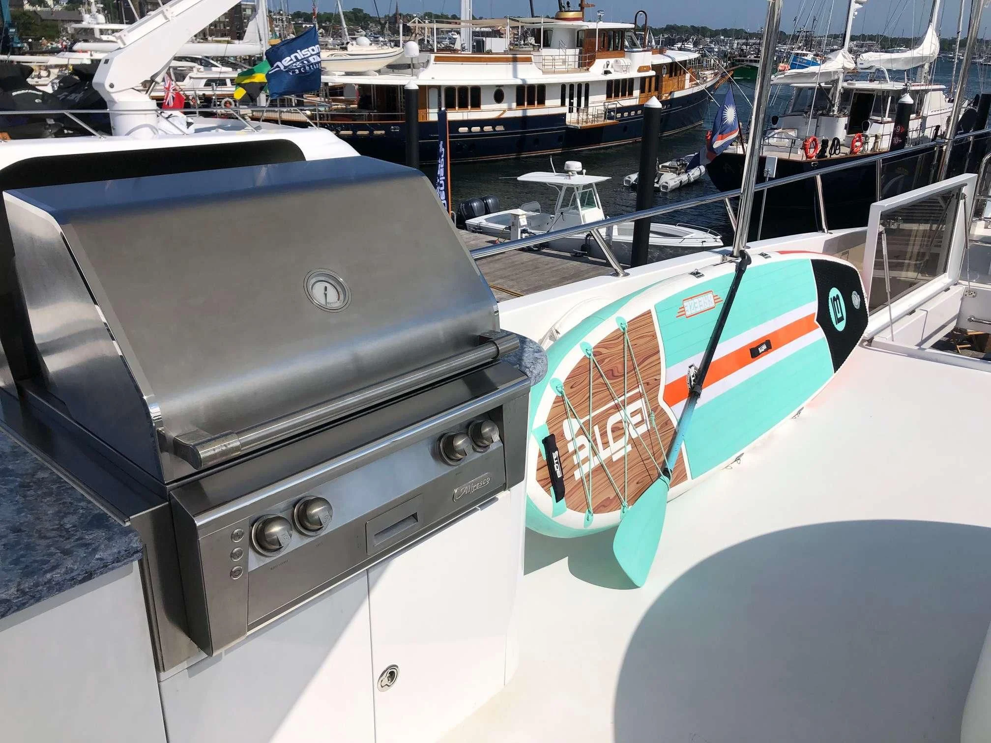 a boat with a paddle on the deck aboard SLIPAWAY Yacht for Sale