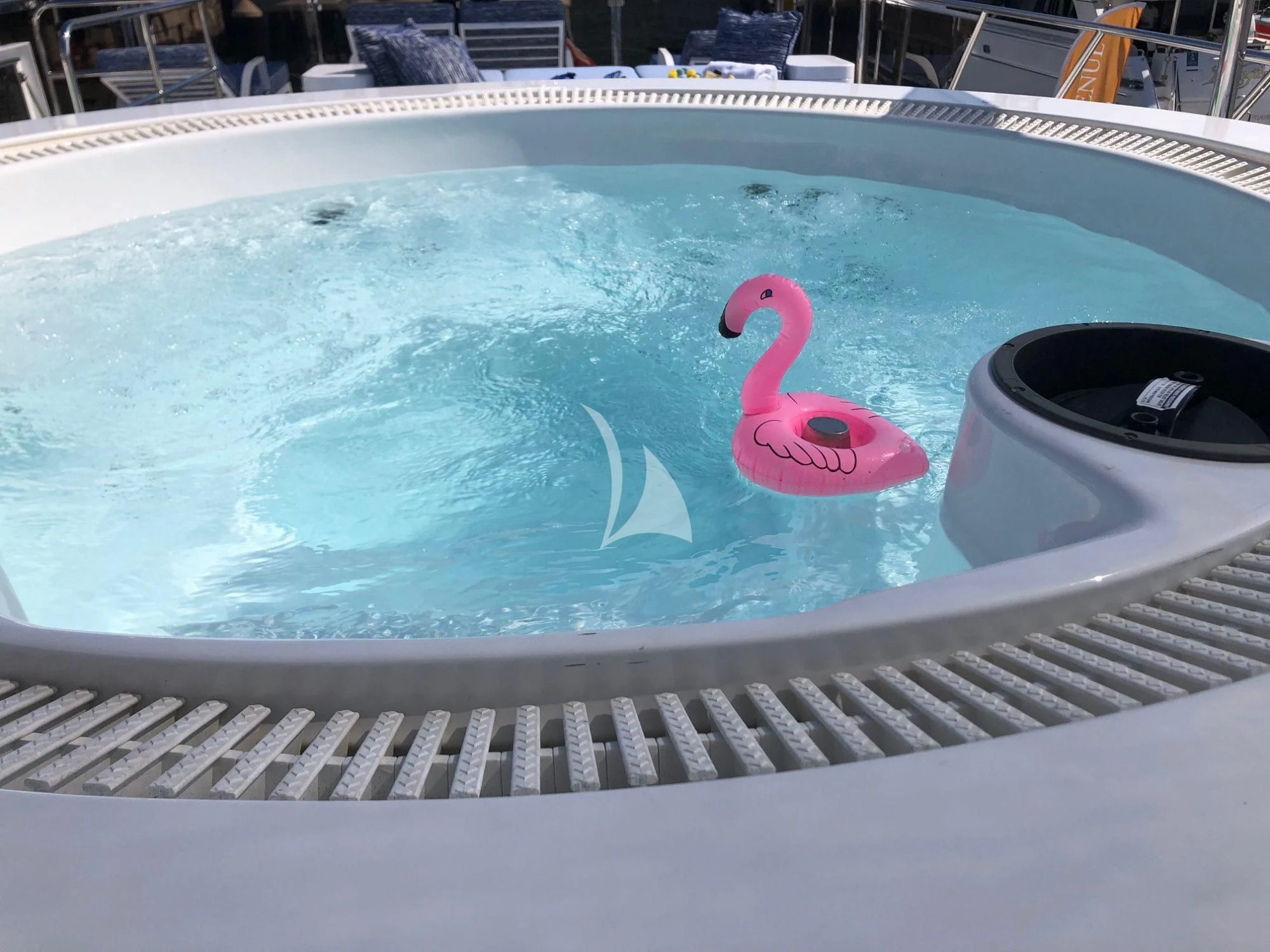 a pink duck in a pool aboard SLIPAWAY Yacht for Sale