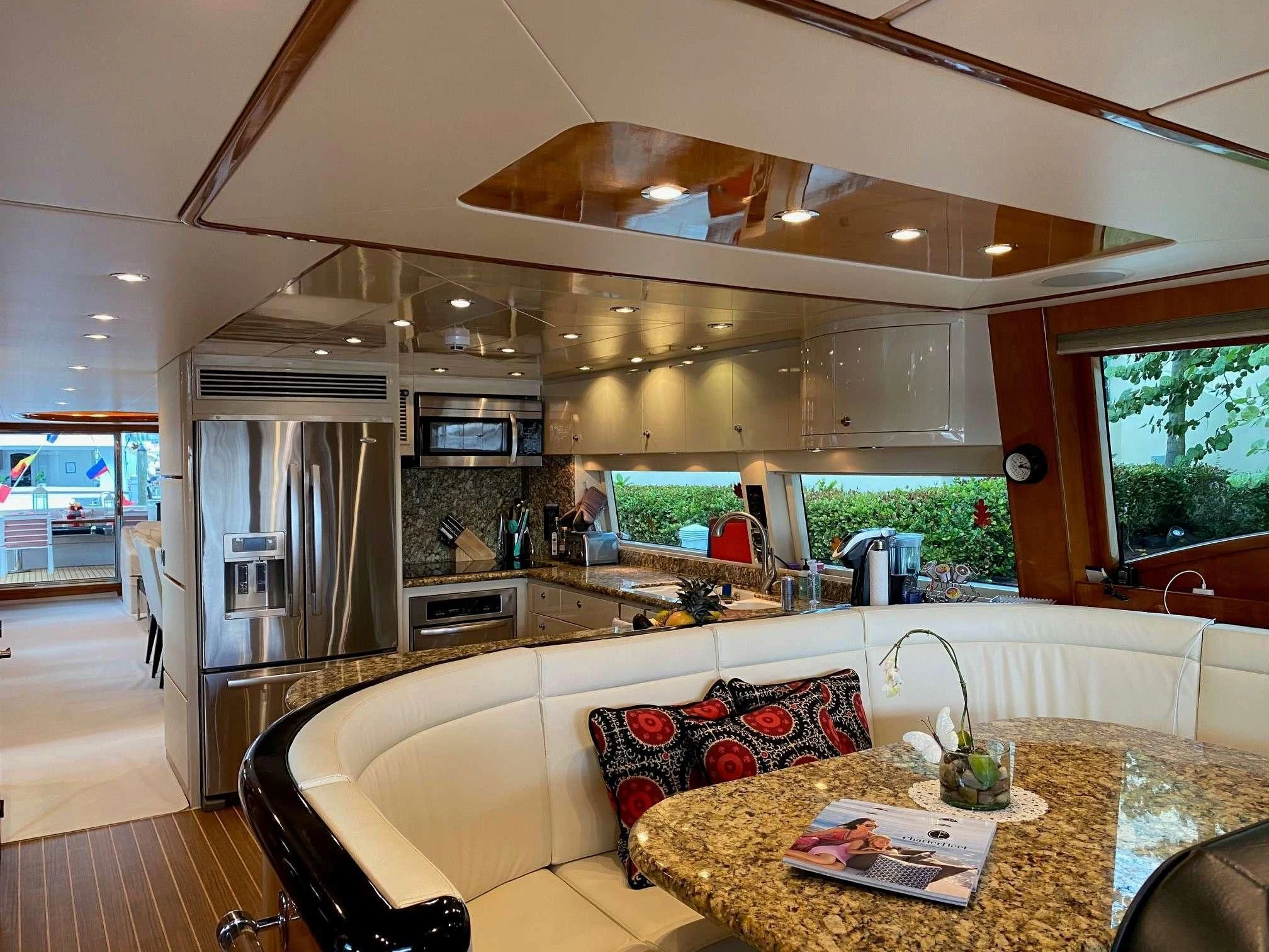 a kitchen with a large island aboard SLIPAWAY Yacht for Sale