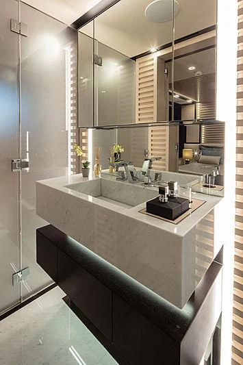 a bathroom with a large countertop aboard AGORA III Yacht for Sale