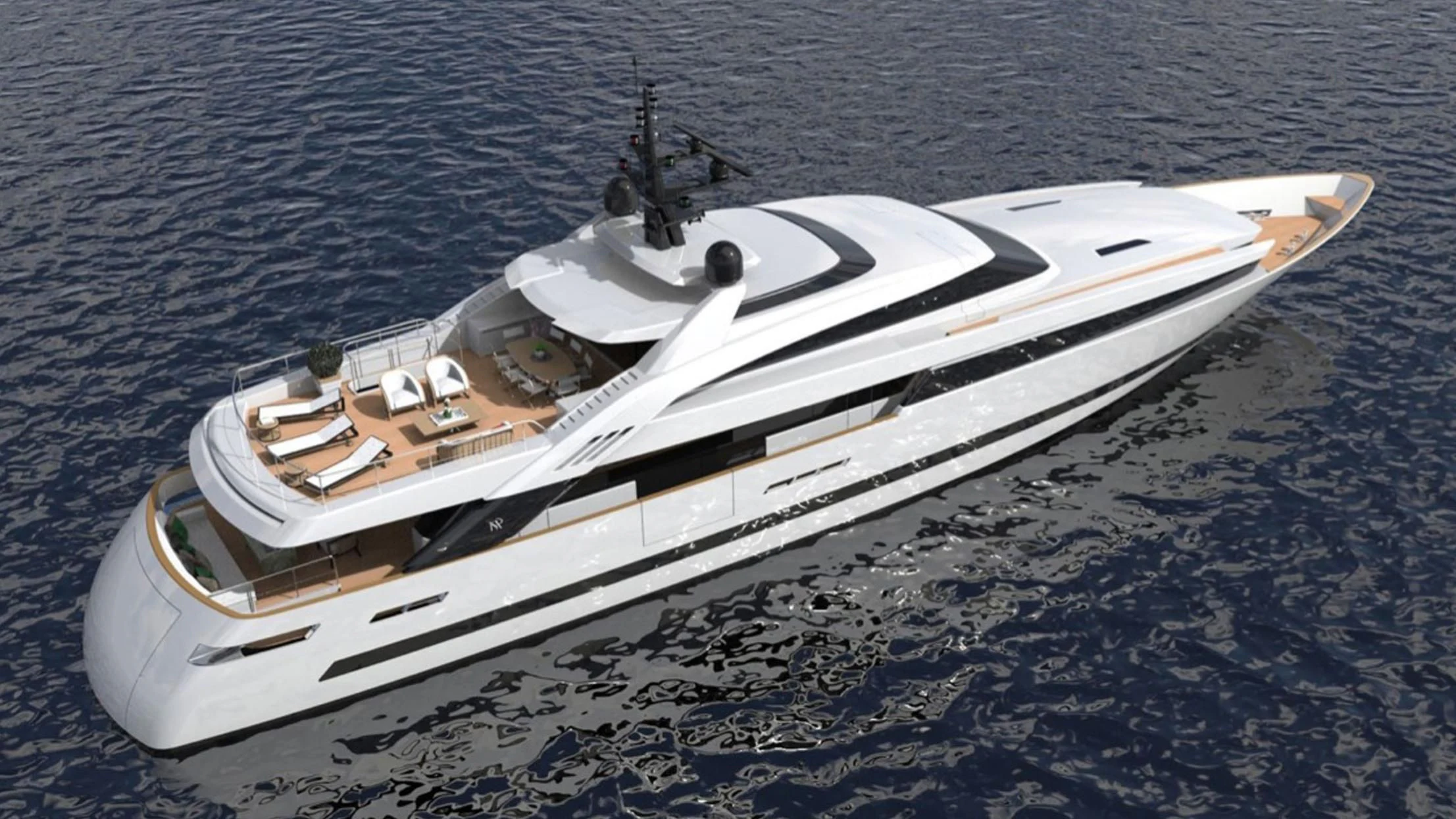 a white and black boat aboard AGORA III Yacht for Sale