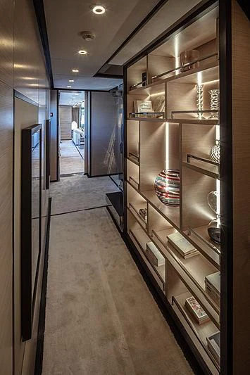 a hallway with shelves aboard AGORA III Yacht for Sale