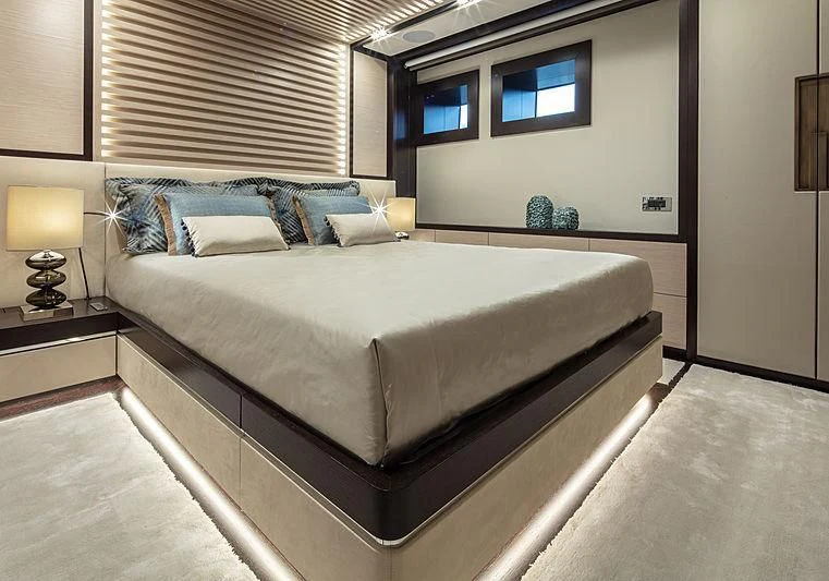 a bed in a room aboard AGORA III Yacht for Sale