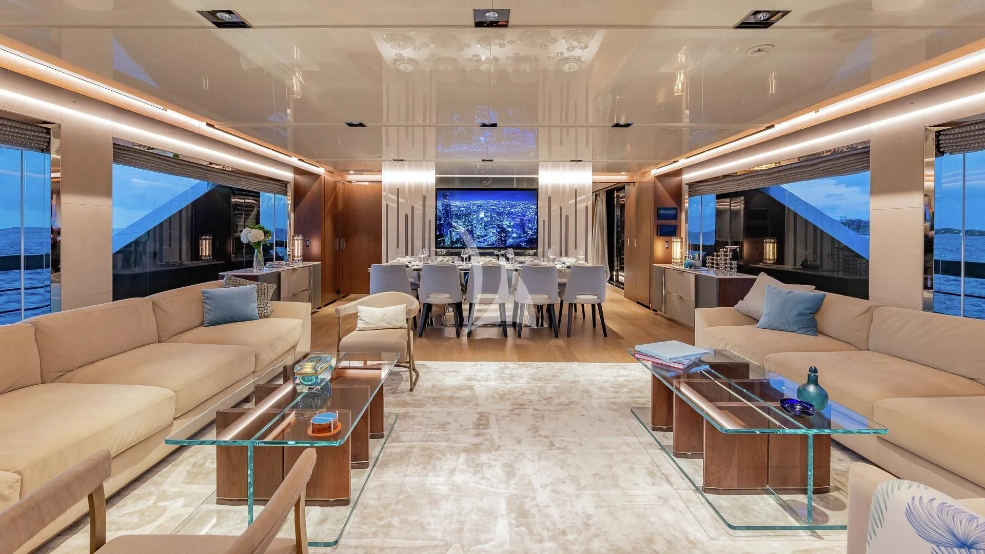 a large living room with a large open floor plan aboard ENTERPRISE Yacht for Charter