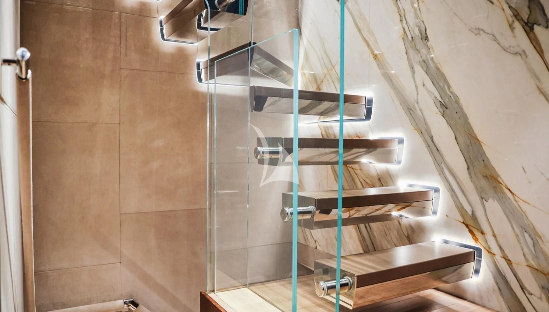 a room with a set of stairs aboard ENTERPRISE Yacht for Charter