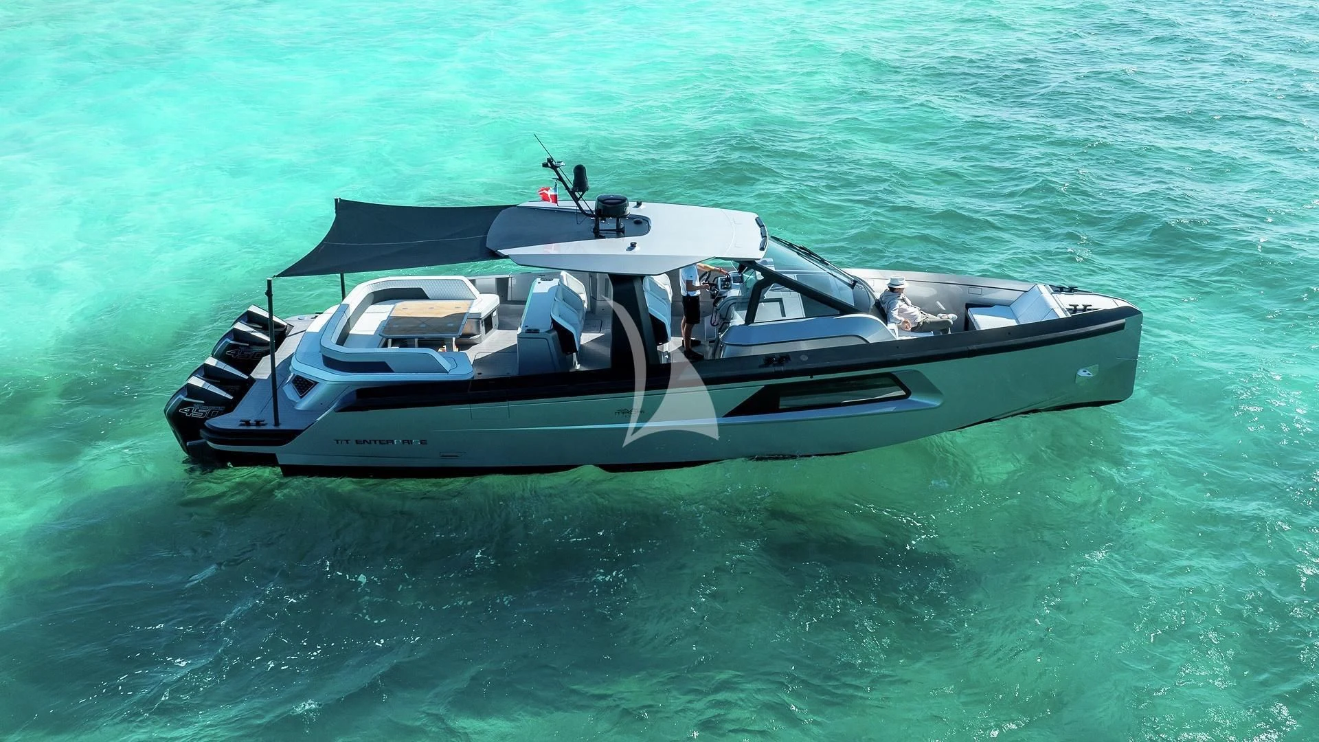 a boat in the water aboard ENTERPRISE Yacht for Charter