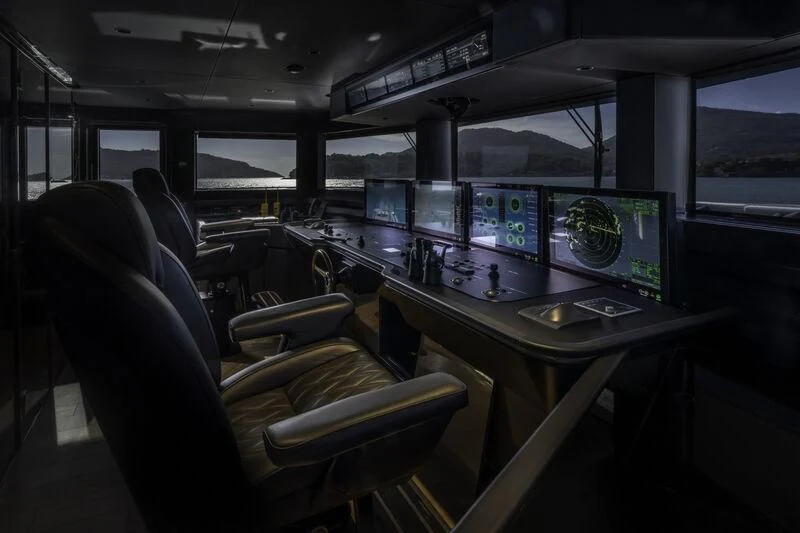 inside of a vehicle with monitors and screens aboard ENTERPRISE Yacht for Charter