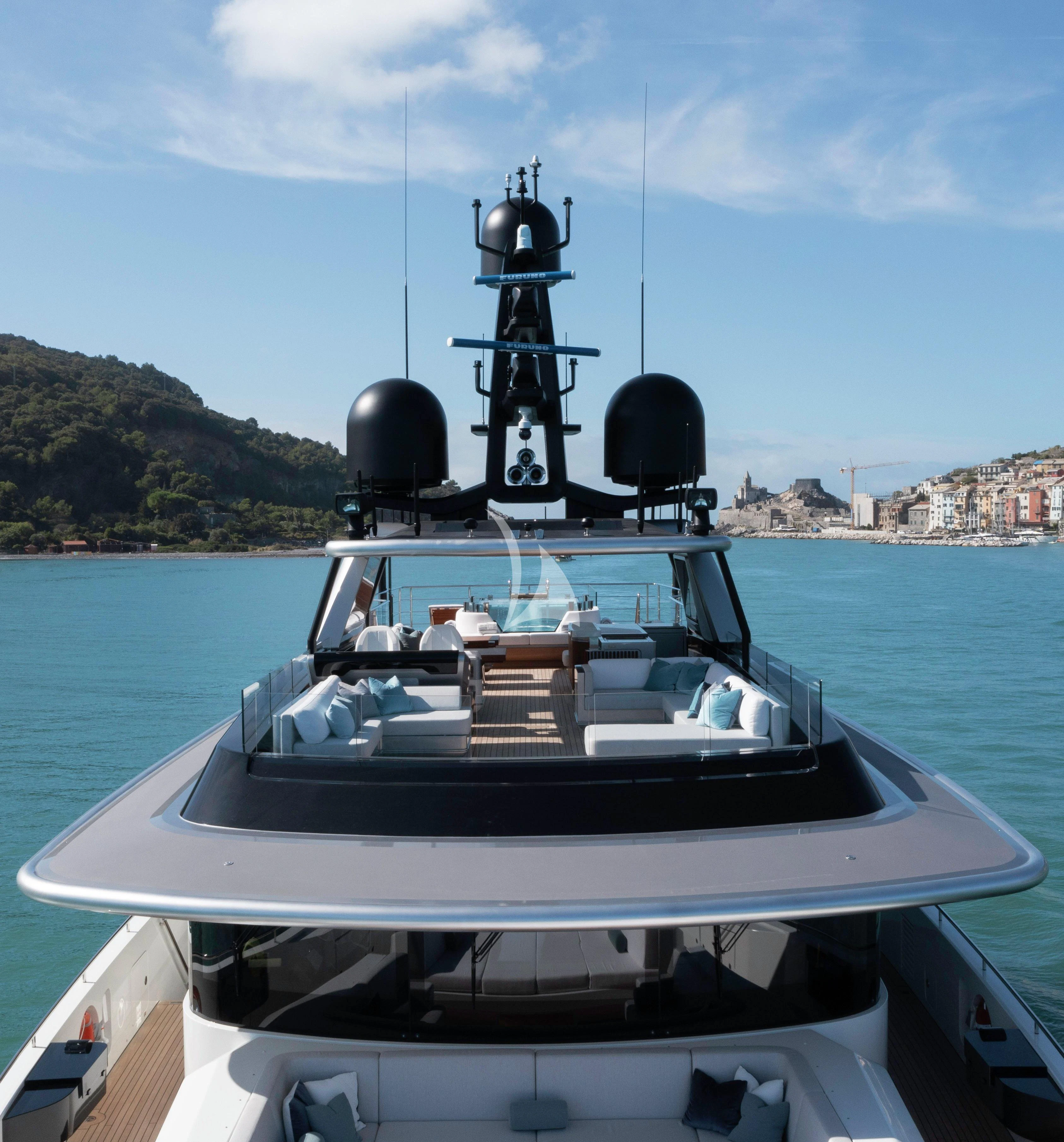 a boat with a large antenna on it aboard ENTERPRISE Yacht for Charter
