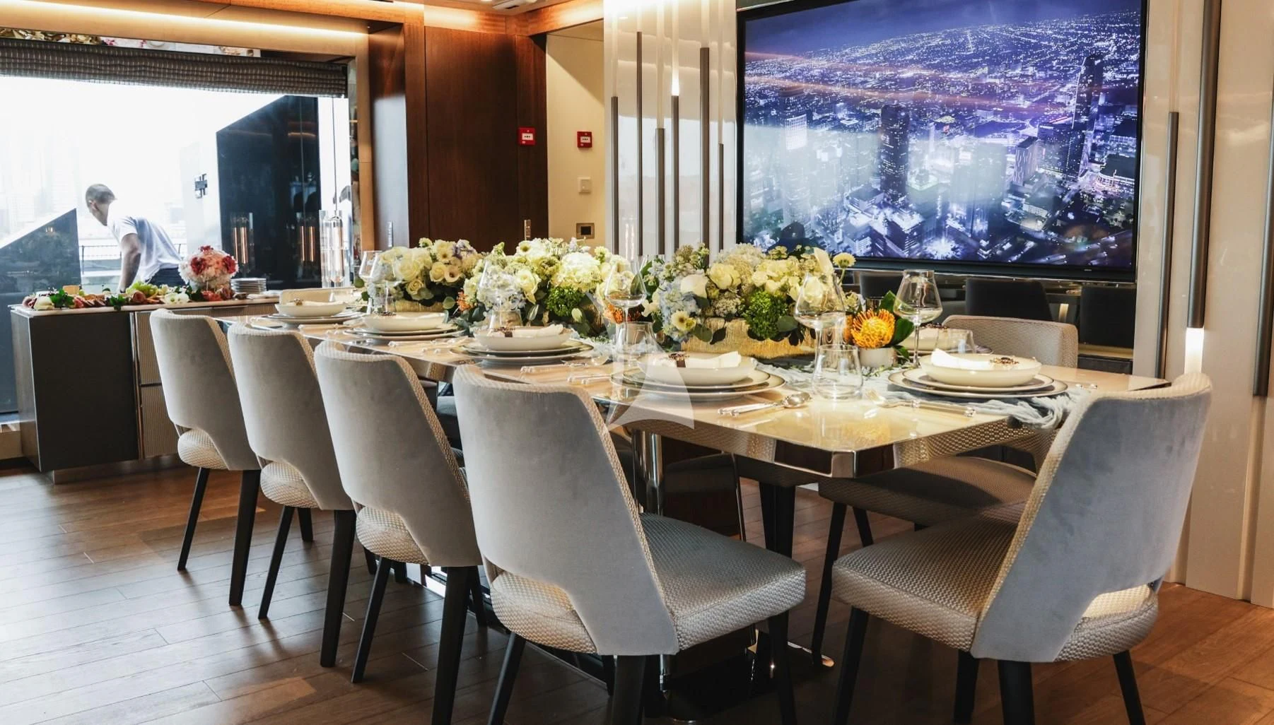 a table set for a dinner aboard ENTERPRISE Yacht for Charter
