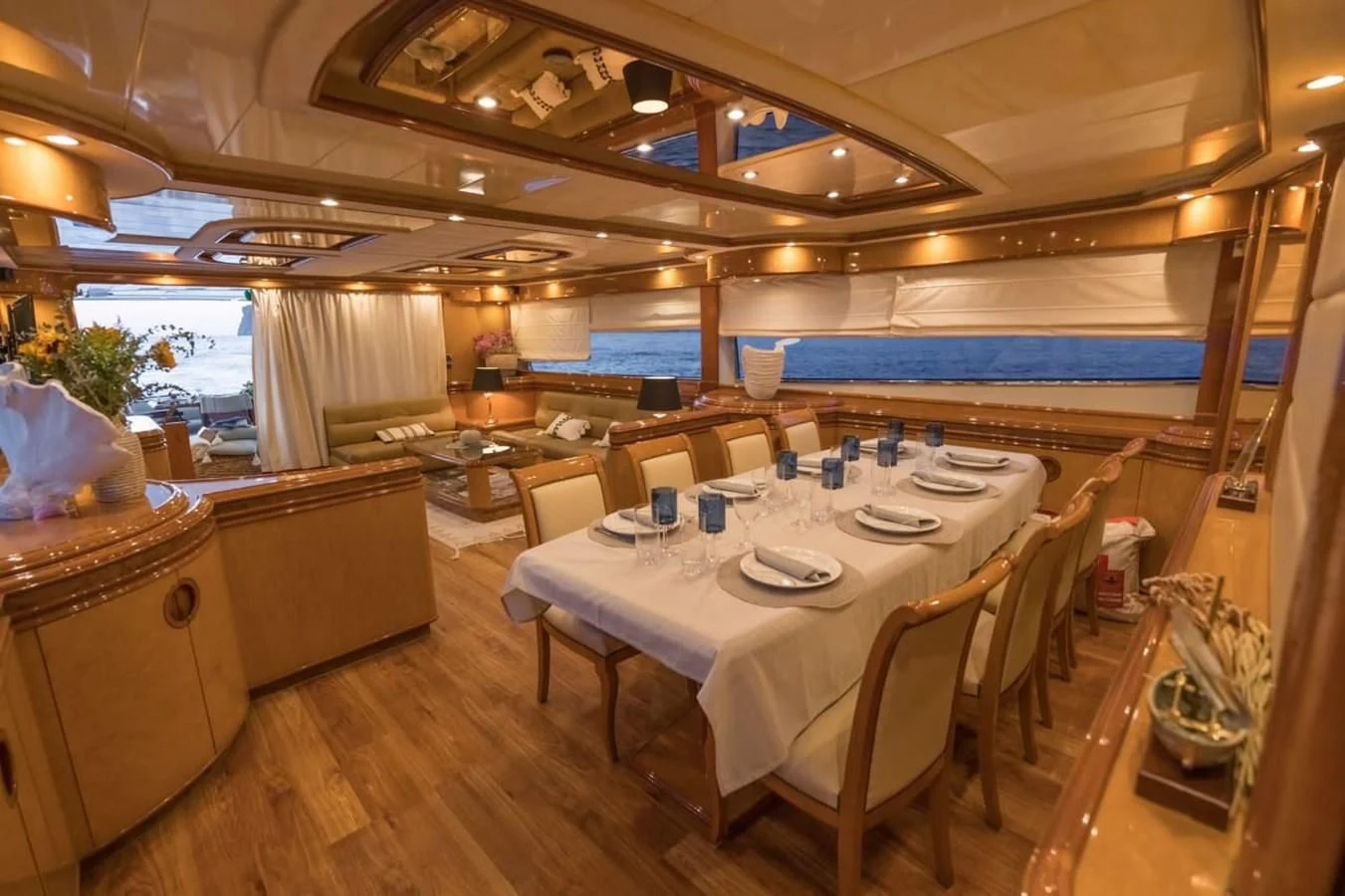 a large dining room with tables and chairs aboard NEPHENTA PRIMERO Yacht for Sale