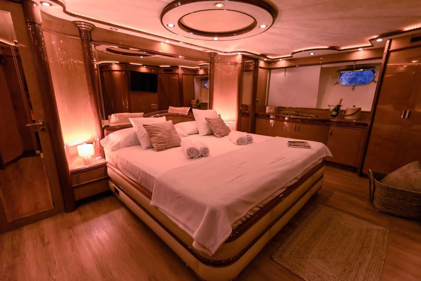 a bed in a room aboard NEPHENTA PRIMERO Yacht for Sale